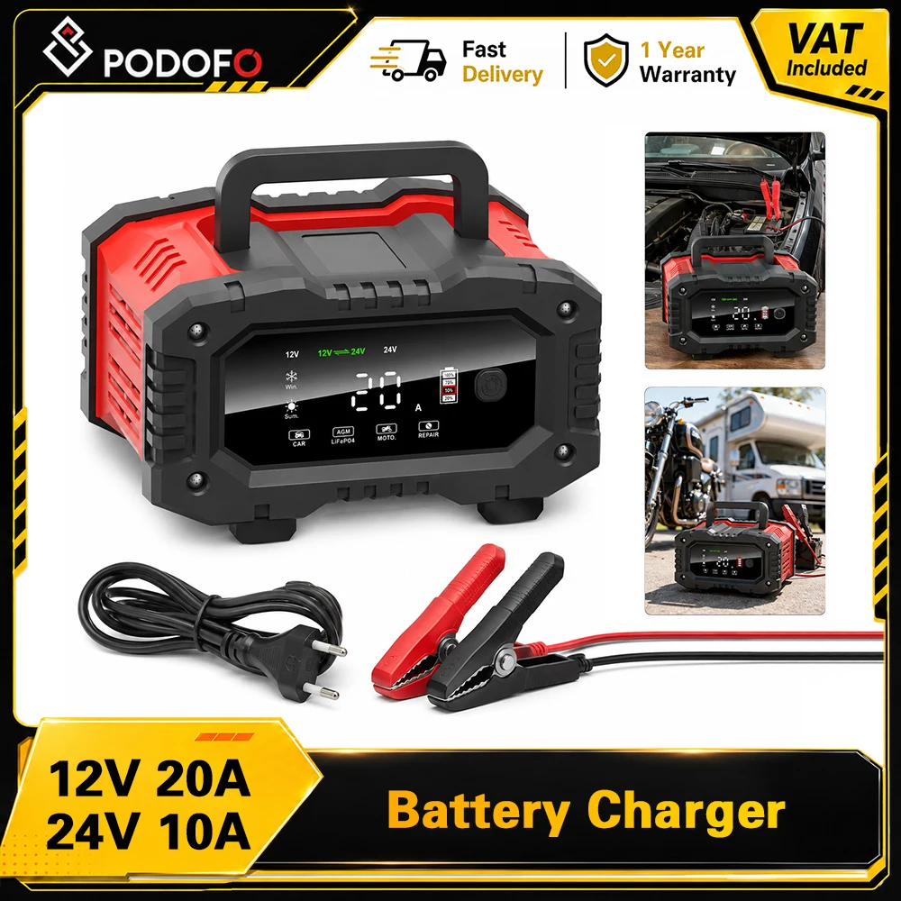 Podofo Tragbares 12V 24V 20A 10A Vollautomatisches Batterieladegerät 7-Stufen Smart-Ladegerät mit Pulsreparatur und Mehrfachschutz für Auto, Motorrad, LKW, Wohnmobil, Traktor, Rasenmäher, Marine, AGM,