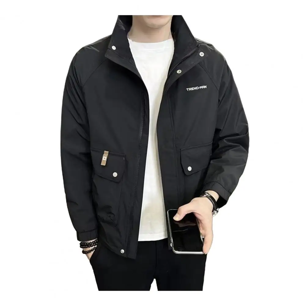 

Men Casual Coat Men's Windproof Stand Collar Winter Coat with Zipper Closure Pockets Smooth Long Sleeve Jacket for Fall Winter