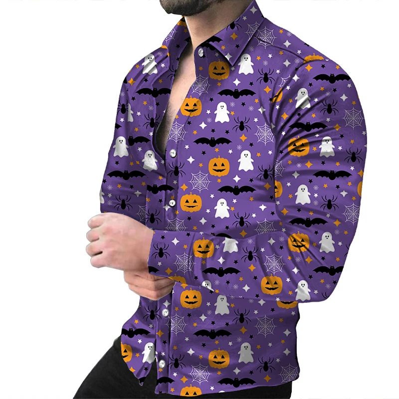 

Shirt with long sleeved collar - Retro Halloween themed print, loose fit, polyester, woven, non stretchy, perfect for adult men