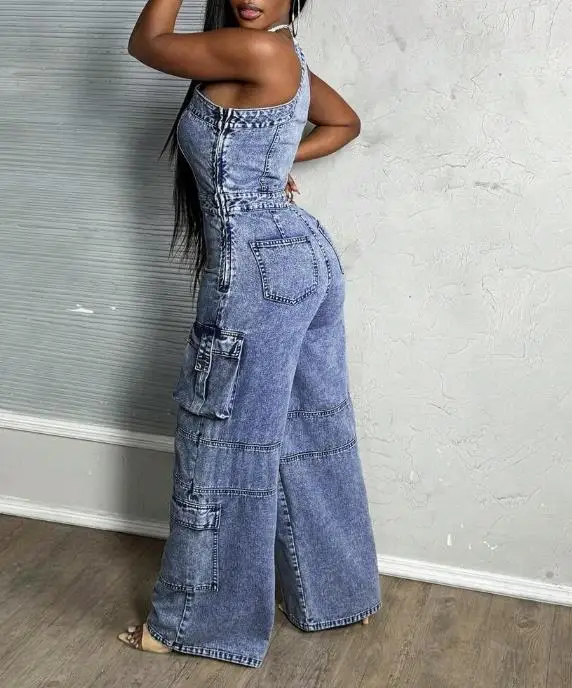

Slim Fit Washed Denim Jumpsuit with Slanted Shoulder Wide Leg Pants Elastic Waist Work Pants