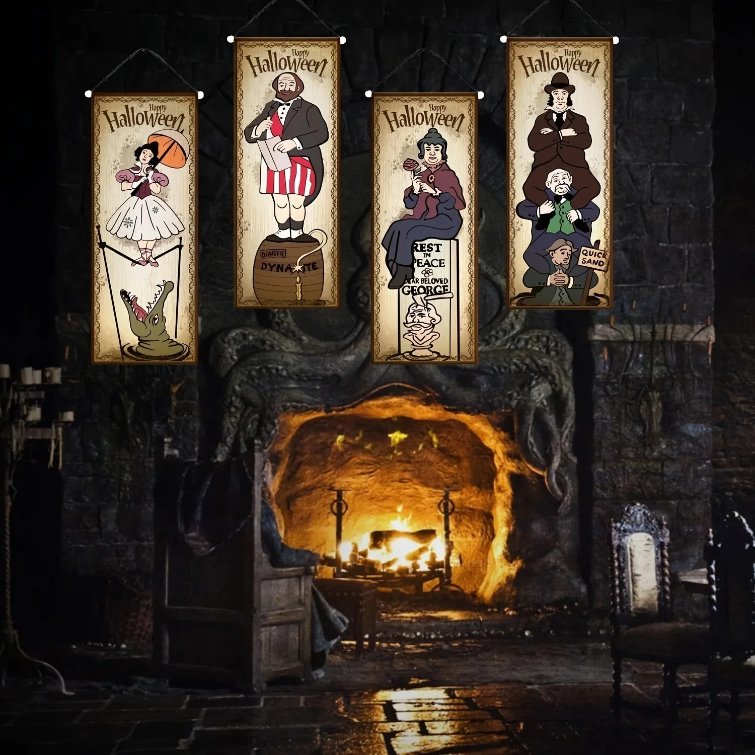 Vintage Haunted Mansion Halloween Vertikales Banner-Set Retro Cartoon-Geister-Charakter Wandbehang-Schild für Indoor-Party-Dekoration – Detail 6