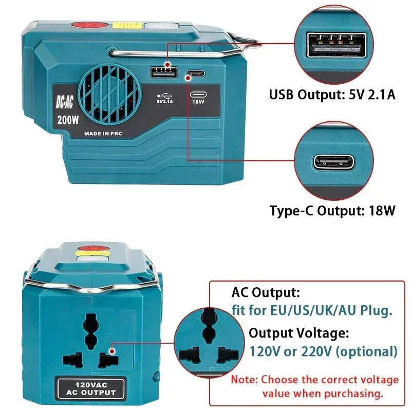 마키타 18V 배터리용 전력 인버터, DC 18V-AC 120V, 220V 휴대용 파워 스테이션, USB, C타입 280lm 캠핑용 LED 조명