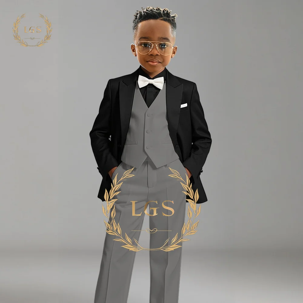 Meninos elegantes terno preto jaqueta colete calças conjunto de 3 peças, personalizado 2 a 16 anos de idade festa infantil banquete de casamento smoking terno