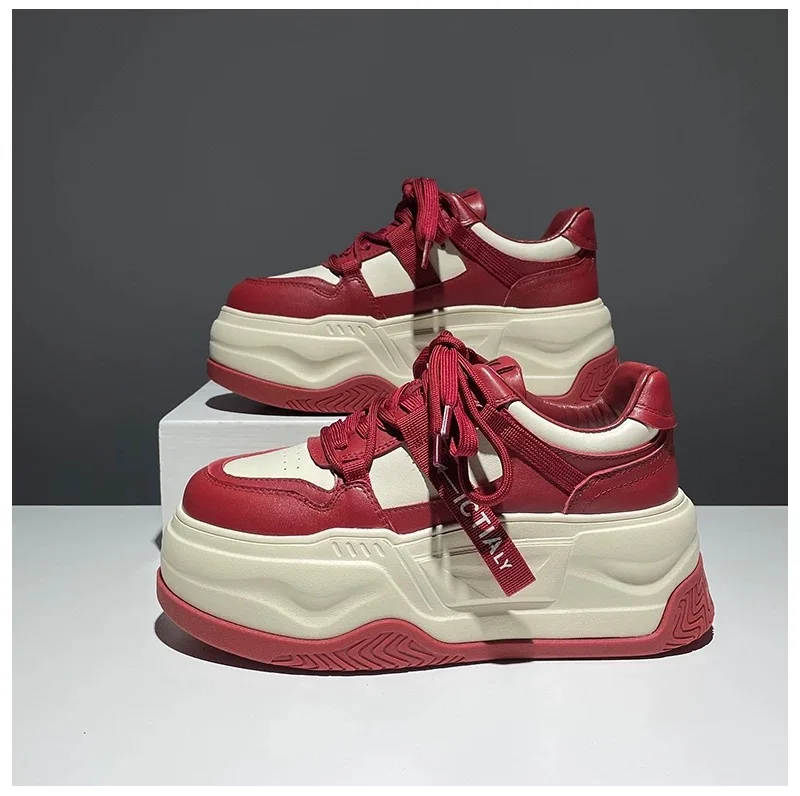 10 12 14 cm Women Chunky Sneakers Casual Red Internal Height High Heels Dad Shoes Luxury Design Brand Fashion Platform vulcanize