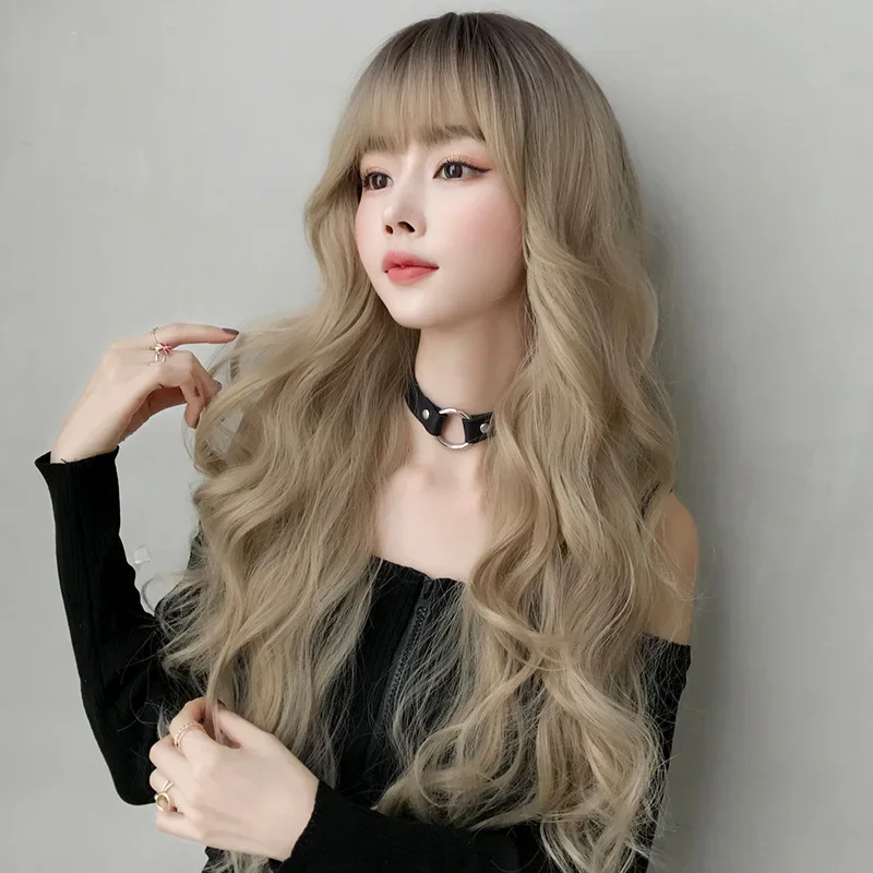 

Long Wave Wig Women Wig with Bangs pink brown Cospaly Lolita Daily Party Synthetic Wigs Heat Resistant Fiber Natural Fake Hair