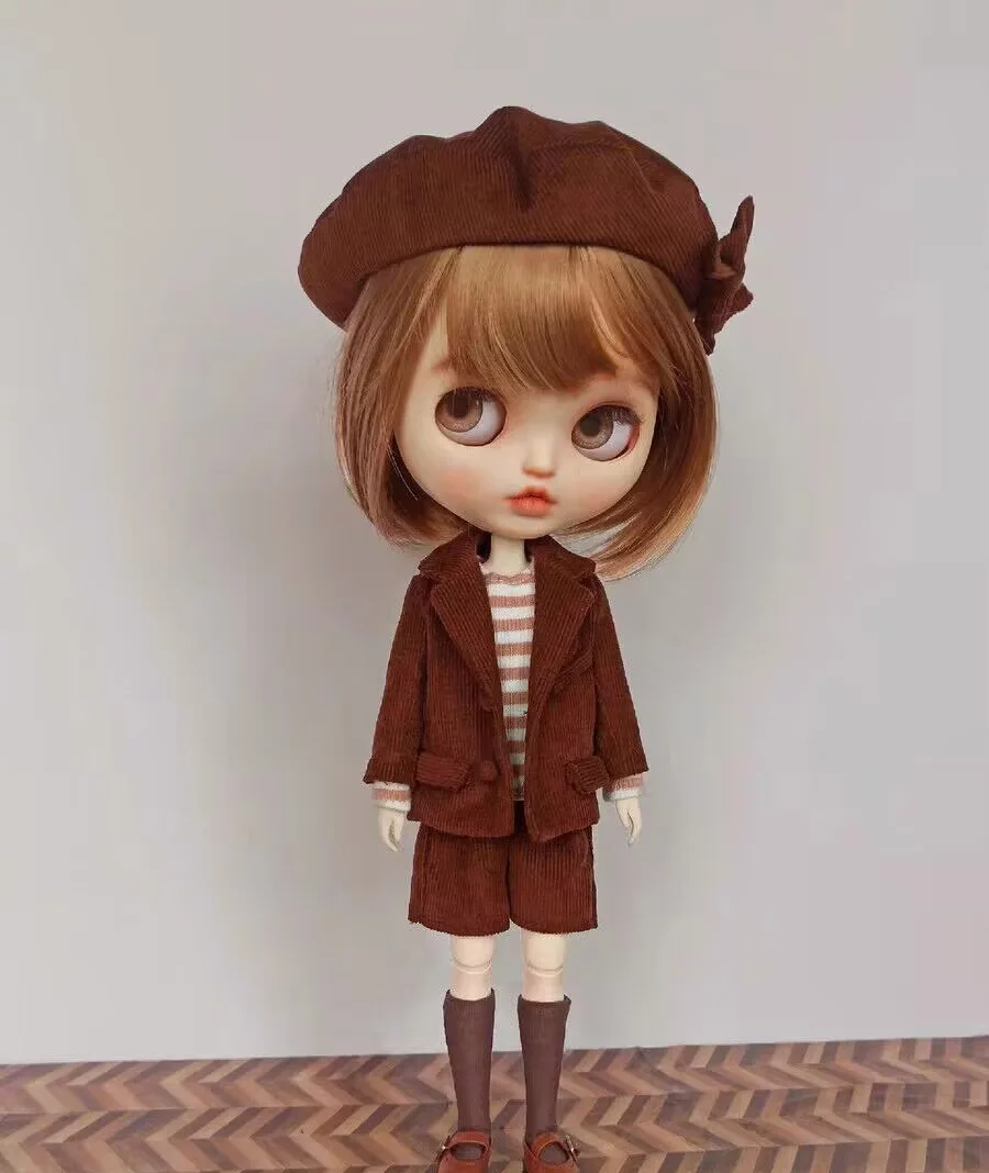 

5 шт. винтажный пиджак Blythe + футболка с длинными рукавами + костюмные шорты + носки + шапка (подходит для Lulu,ymy24,Ob22,24,26,zone, Jenny)