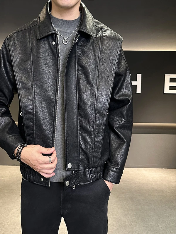 

Trendy Biker Sle ort Leather Jaet Men's Casual Cool Faion PU Leather Zipper Closure Long Sve Slim Fit Autumn Winte...