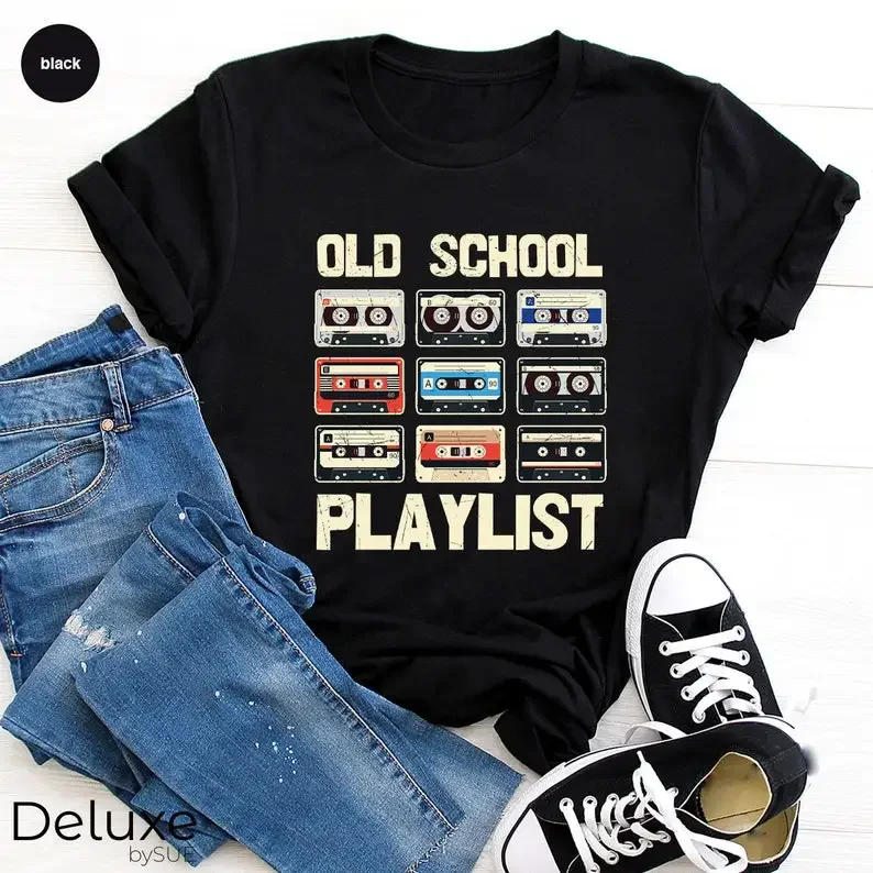 Old School Playlist Shirt Retro 80s Music Party Music Mix Tape Cassette Player Men\'s Women\'s Vintage Style Graphic Tee 90s Music