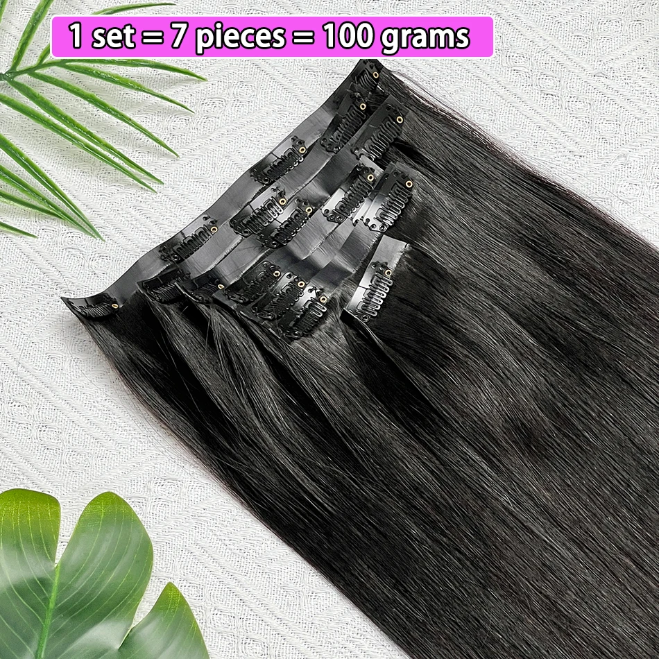 وصلات شعر بشري بمشبك مستقيم 100 جرام 7 قطع/مجموعة # 1B مشابك لحمة من البولي يوريثان بدون خياطة باللون الأسود الطبيعي في الشعر الفيتنامي