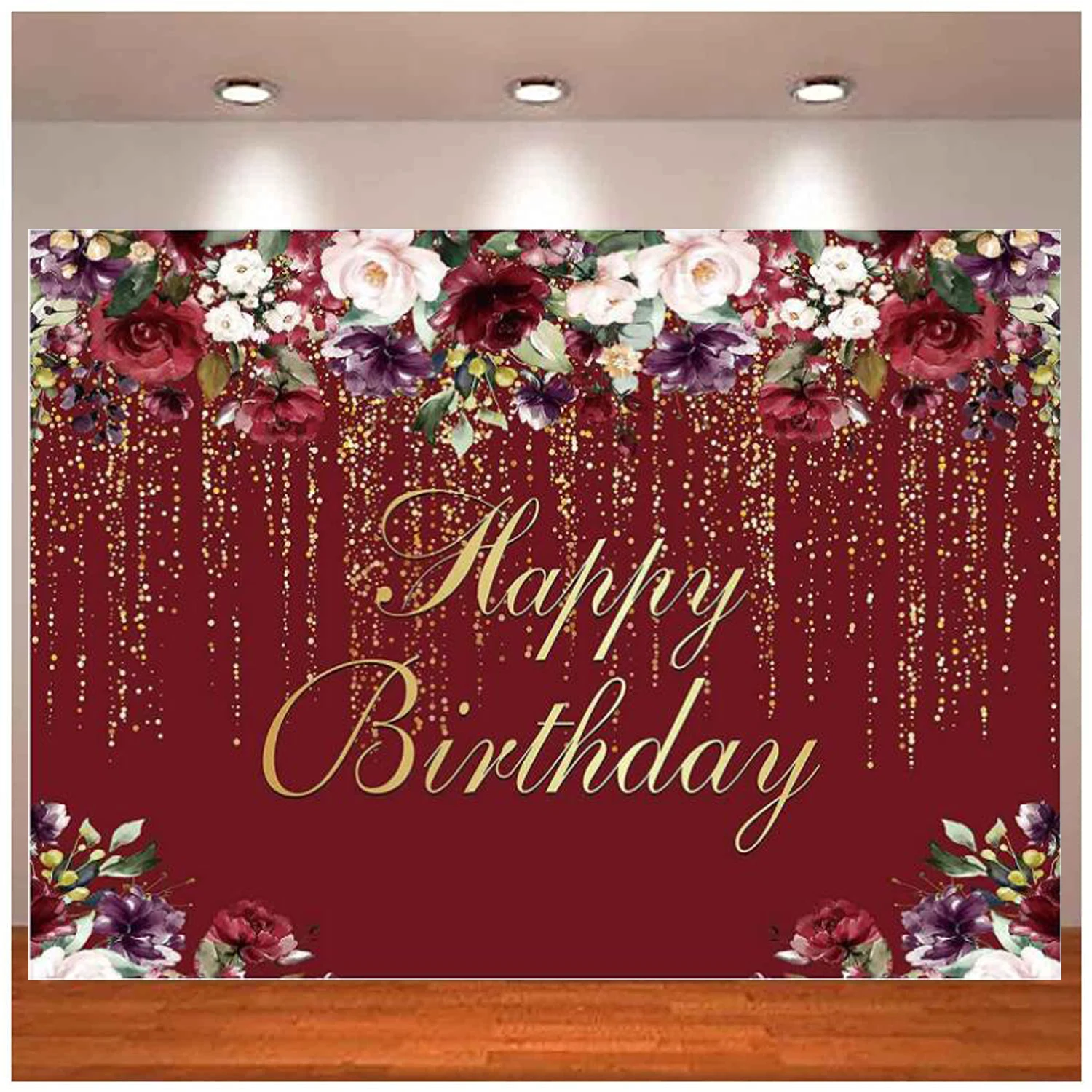 

Happy Birthday Party Photography Backdrop Burgundy Red Flowers Golden Glitter Floral Background Women Lady Girl Cake Table Decor