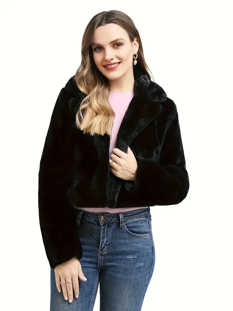 Lussuoso cappotto in pelliccia sintetica aperto davanti con Silhouette lusinghiera, elegante colletto dentellato, manica lunga per calore e Comfort Extra