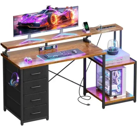 55 Inch Computer Desk with 4 Drawers, Office Desk with Power Outlets, Printer Shelf & Storage Shelves, Large, Customized