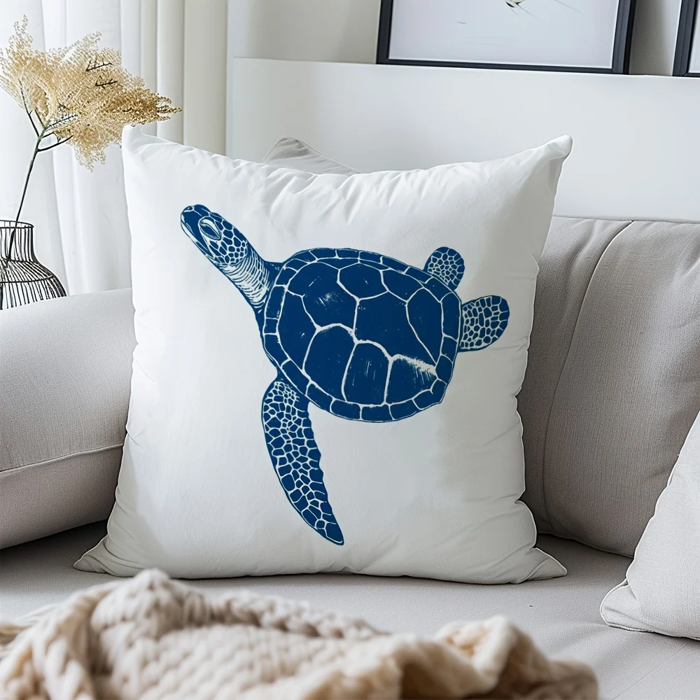 Blue Sea Turtle Pillow Cover 18x18 Inch Polyester Zipper Machine Washable Minimalist Nautical Decor Sofa Bed