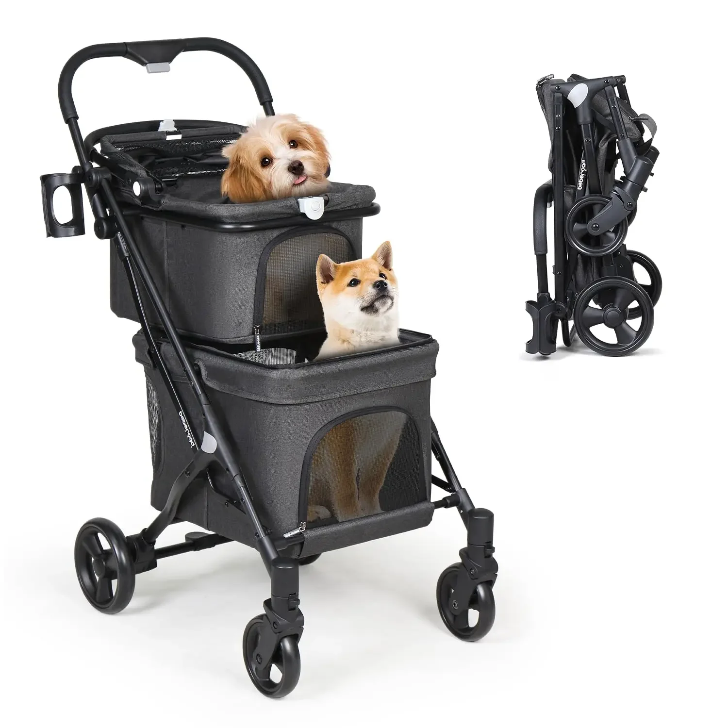 Cochecito doble T1 para mascotas, carrito plegable y ligero para 2 perros o gatos pequeños, con portador desmontable para acampar