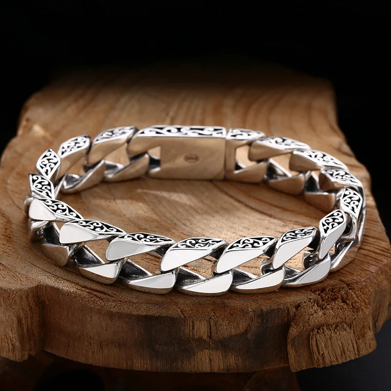 S925 Vintage Fashion Men'S Grass Pattern Bracelet, Thick Smooth Wide Version Thai Silver Jewelry