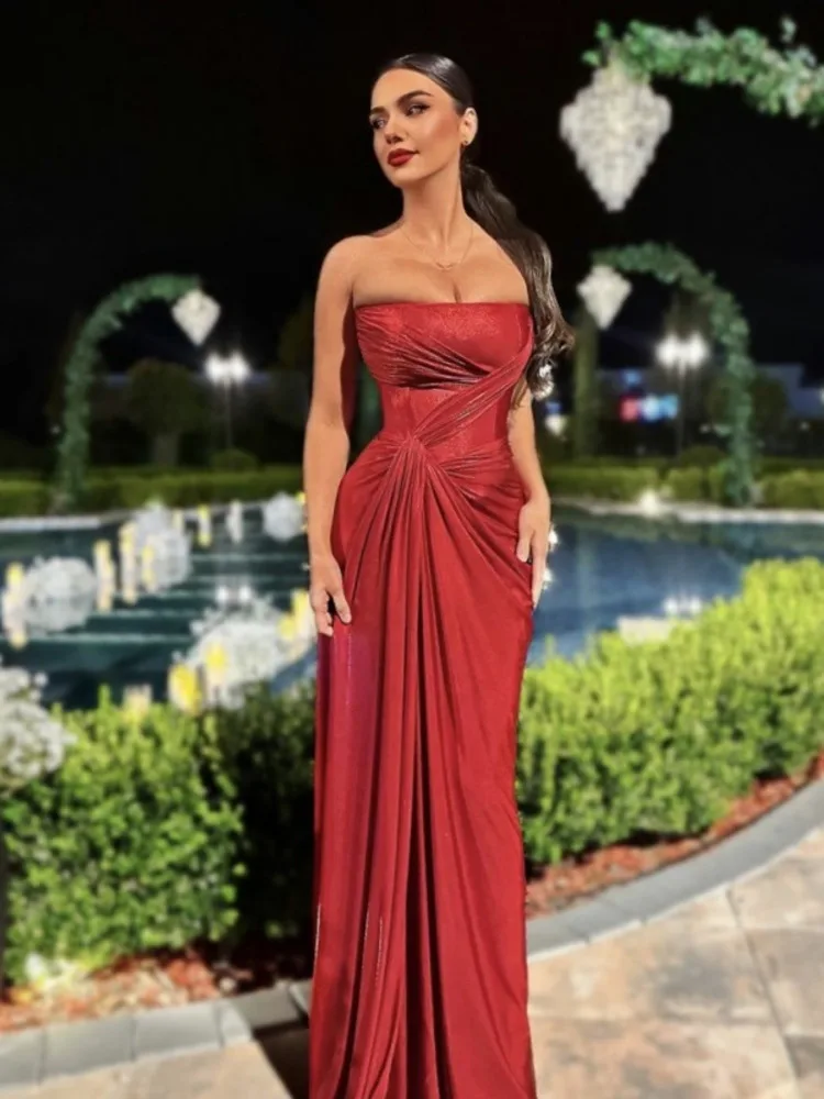 Mozision Off-shoulder Strapless Sexy Maxi Dress For Women Fashion Red Sleeveless Backless Thigh High Split Bodycon Club Dress