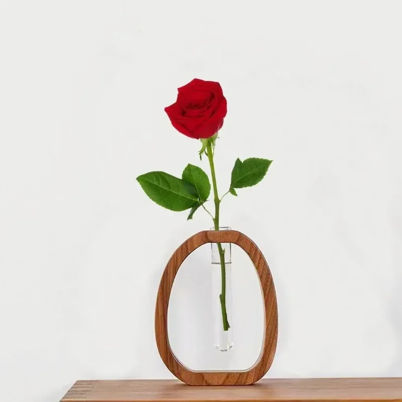 Soporte de flores de madera maciza de nogal, decoración de arreglo floral creativo, planta de vidrio Simple, mini florero cultivado en agua