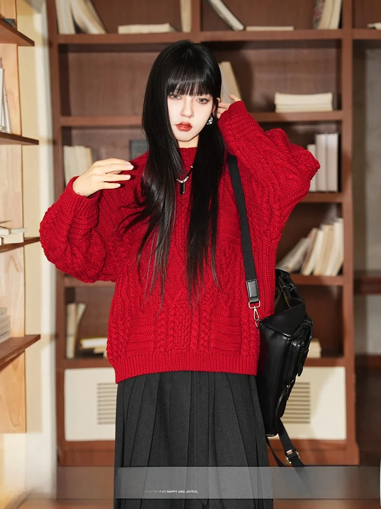 

Retro Sle Loose Knitted Sweater Twist Hair Cisas New Year Red Loose Women's Autumn Winter Knitwear Casual Top