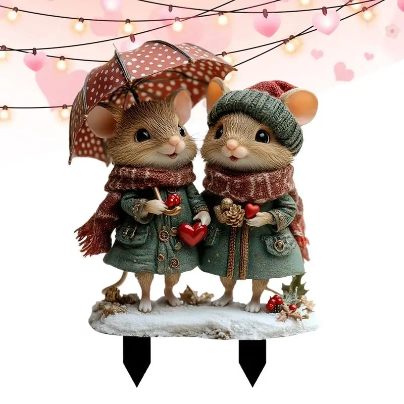 Squirrel Yard Stake 2D Valentine's Day Animal Yard Signs With Stakes Umbrella Scarf Design Animal Ground Plug For Potted Plants