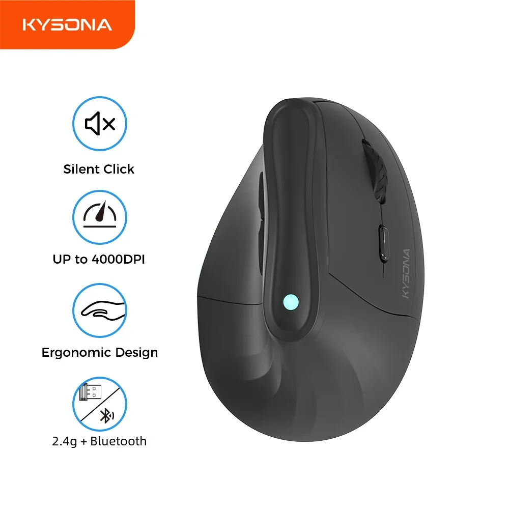 Kysona-Wireless Vertical Mouse, Bluetooth Ergonomic, RGB Rechargeable, 4000DPI, 6 Mute Buttons for Tablet, Laptops, Computer, PC