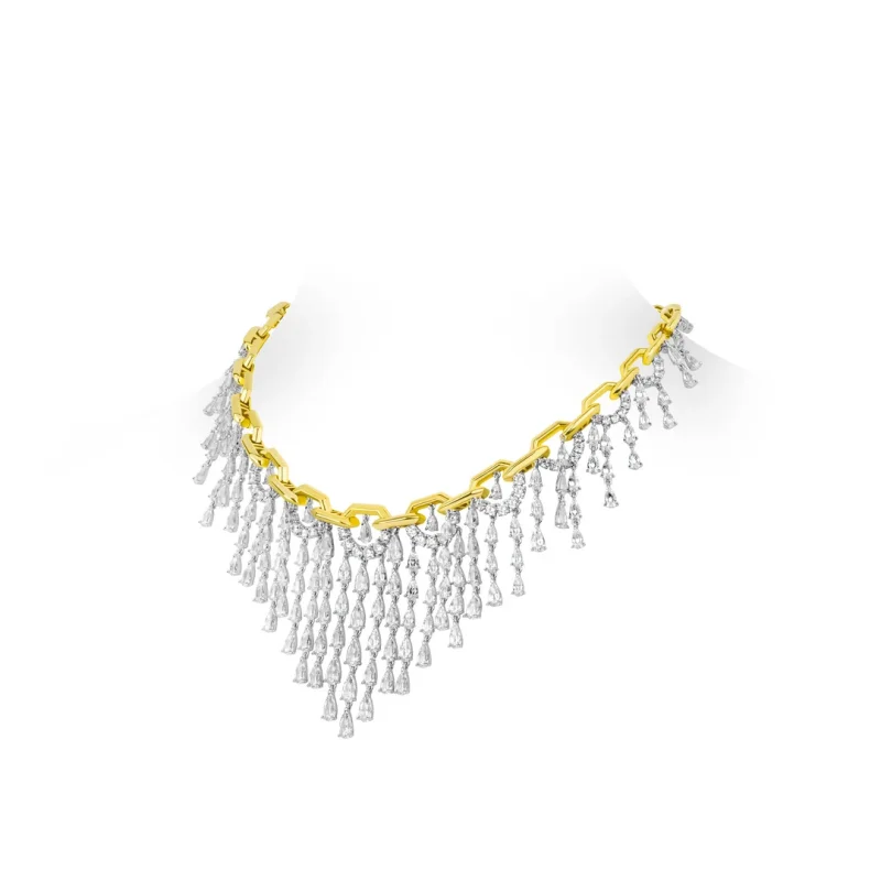 Bellux 925 Silver Synthetic Zircon Gold Color Full Diamond White Water Drop Tassel Luxury Bridal Wedding Party Necklace
