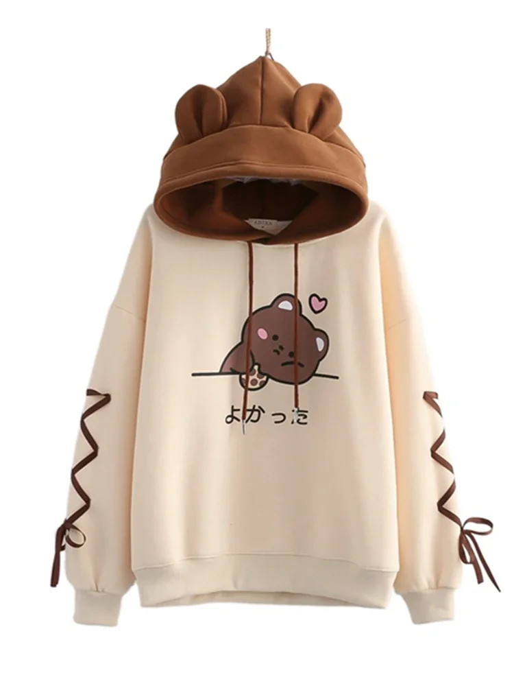 

2023 Winter Fleece Women Kawaii Hoodies Harajuku Cartoon Bear Print Cute Warm Hooded Sweatshirts Casual Drawstring Pullover