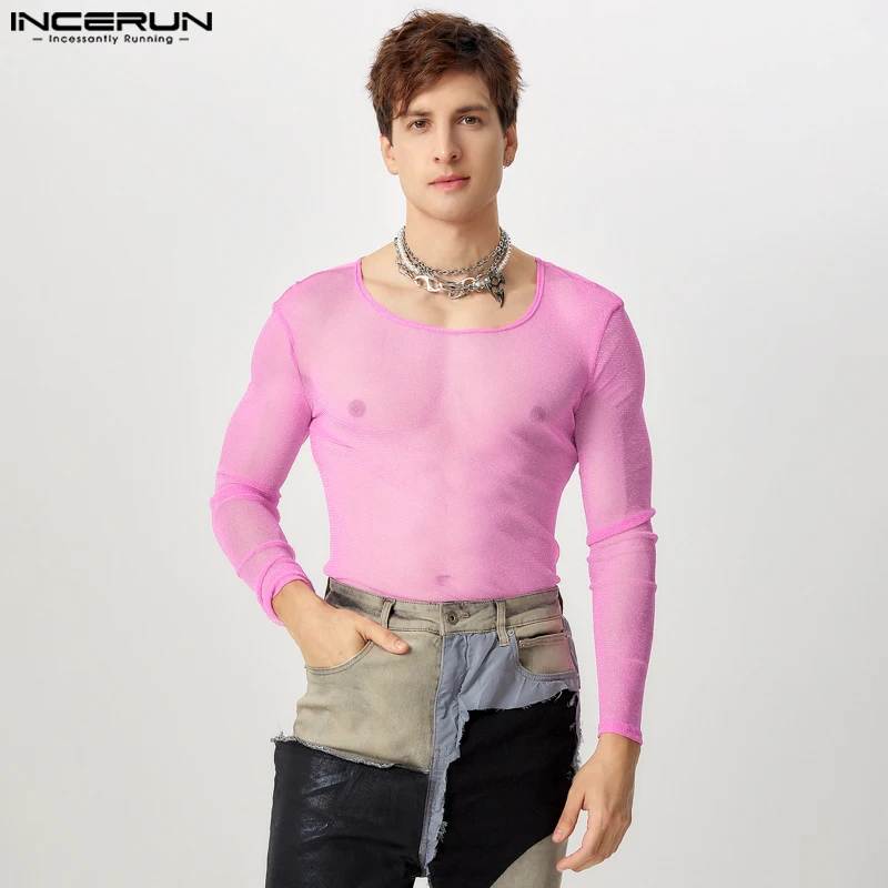 INCERUN Tops American Style Fashion Men Sparkling Fabric See-through Mesh T-shirt Sexy Casual O-neck Tight Long Sleeved Camiseta