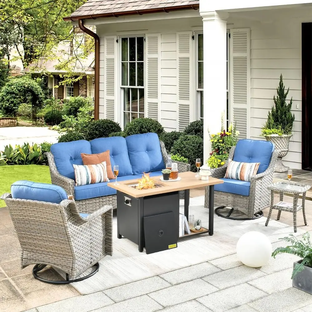 

5-Piece Weather-Resistant PE Wicker Patio Furniture Set with Swivel Rocker Chairs and Fire Pit Table, Grey Wicker with Light Blu