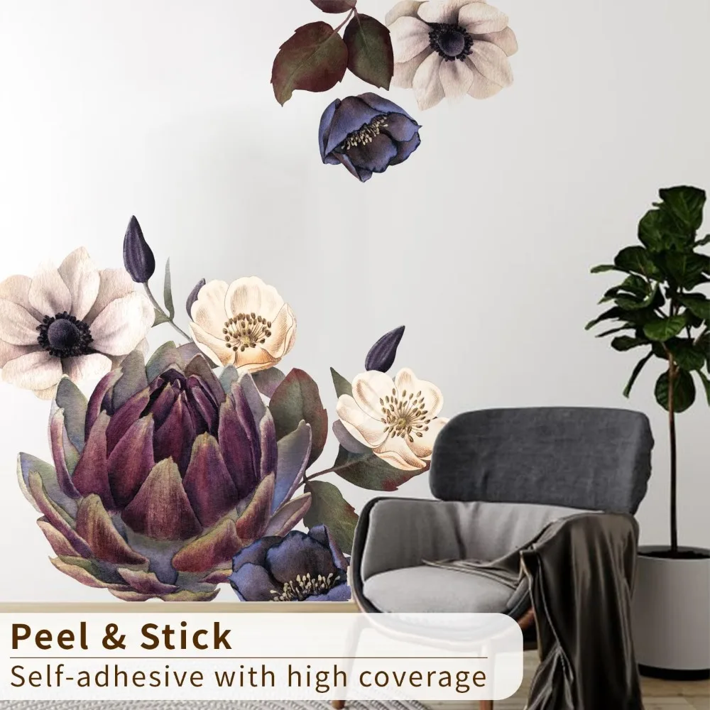 ملصقات حائط على شكل زهرة الفاوانيا، ملصقات وردية ذاتية اللصق لديكور غرفة المعيشة وغرفة النوم، ورق حائط أنيق مزين بالزهور