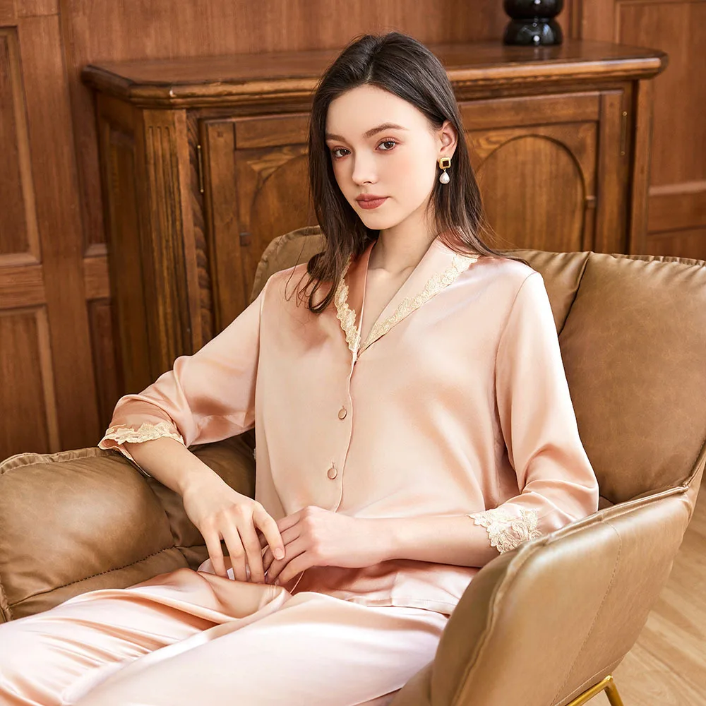 

19 мм 100% шелковый шелк, одежда для сна с длинными рукавами, пижамный комплект с лацканами, роскошный кружевной женский пижамный комплект, одежда для дома, пижама для сна