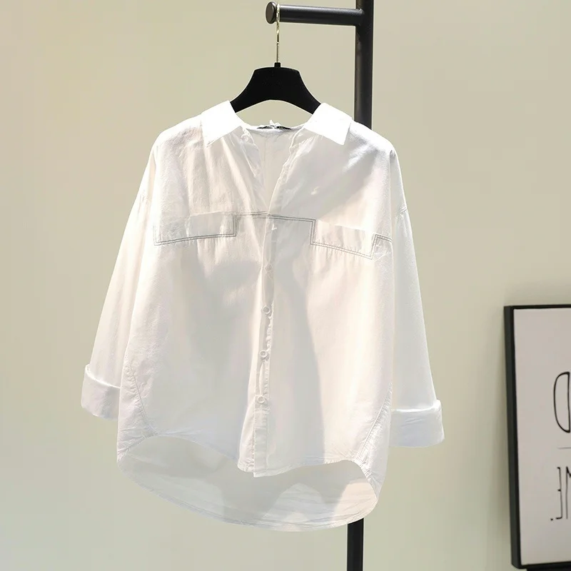 

Pure Cotton White irt Women's Design Sense Top Spring Autumn Brand Tag Removed Comfortable Breathable Long Sve V-Ne