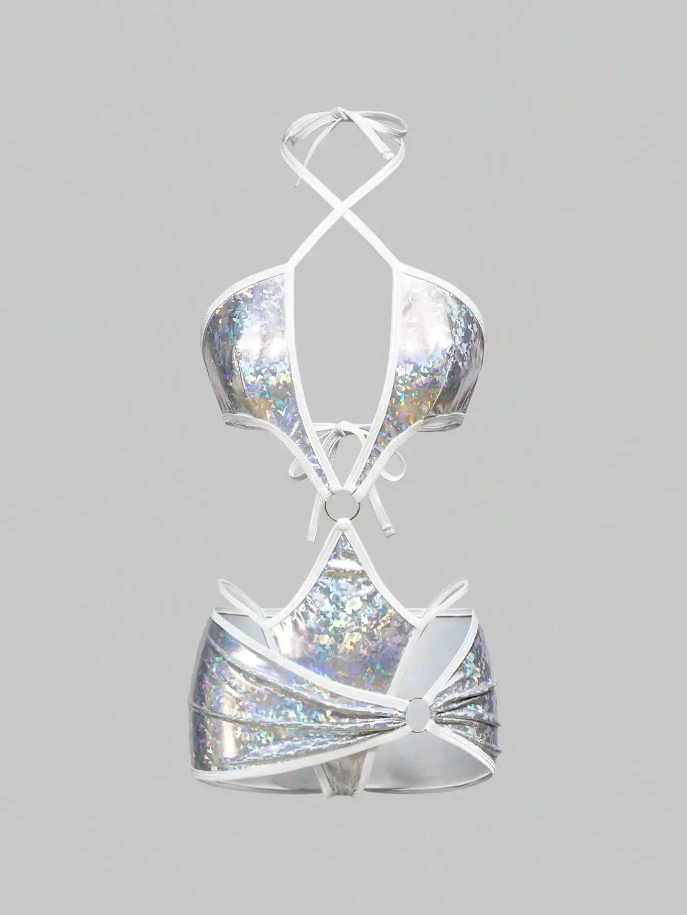 

Голографический комплект нижнего белья с перекрещивающимися бретелями и кольцами, сексуальный авангардный дизайн