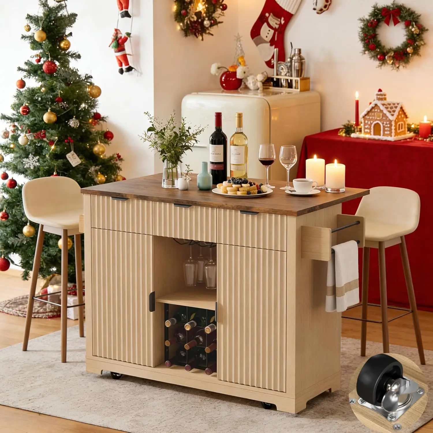 

Kitchen Island with Drop Leaf, Rolling Kitchen Island on Wheels with Storage Cabinets,50" Fluted Island Table with Wine Rack, 3