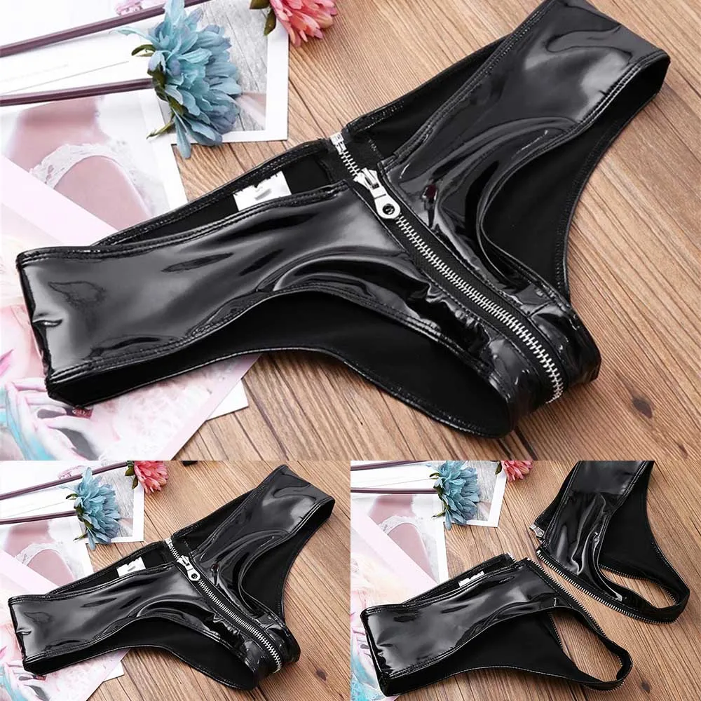 Zipper Crotch Bikini Briefs Women PVC Shorts Erotic Latex Panties Low Waist Underwear Open Crotch Lingerie Clubwear A50