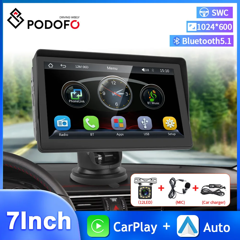 Podofo 7'' Car Radio Wireless Carplay MP5 Portable Android Auto Universal Multimedia Player B600 Mirror Link GPS Rearview Camera