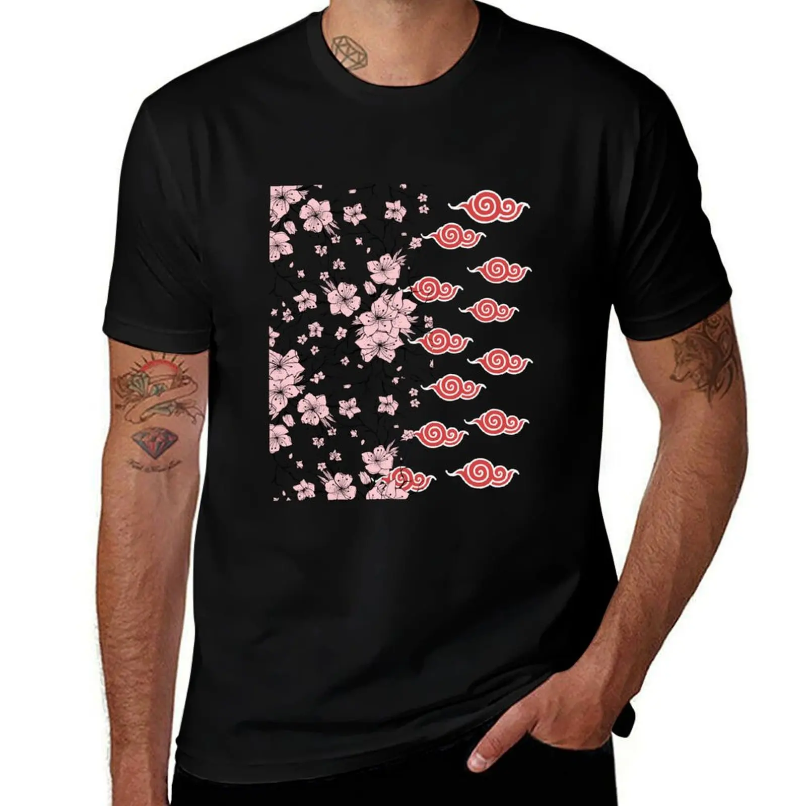 

Japanese Sakura with Red Cloud Pattern Anime T-Shirt blue archive blue lock mens cotton t shirts