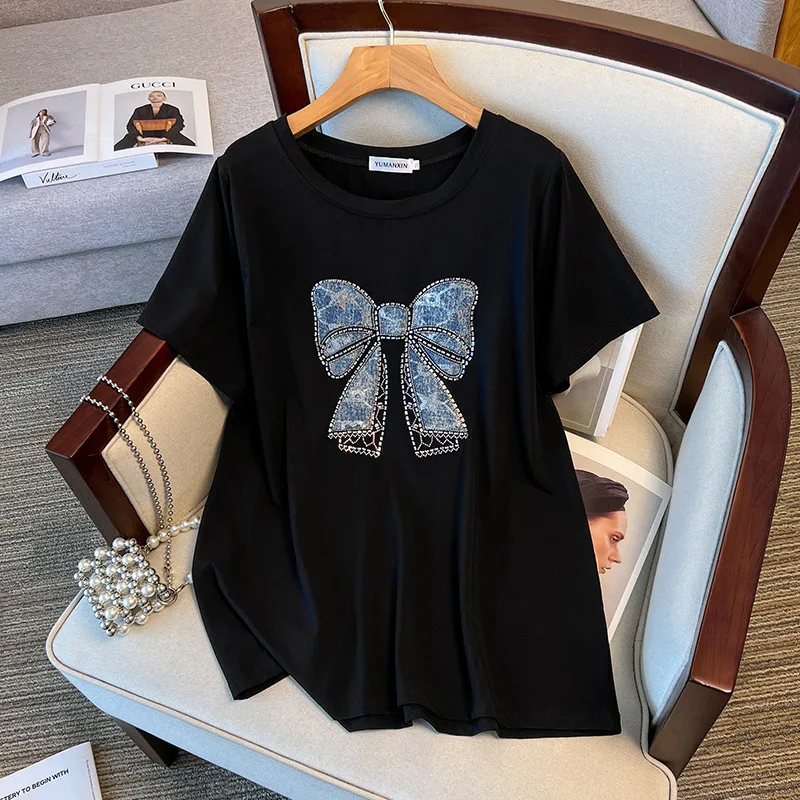 170Kg Plus Size Women's Bust 170 Summer Loose Round Neck Short Sleeve Bow Printed T-shirt Black White 6XL 7XL 8XL 9XL 10XL 11XL