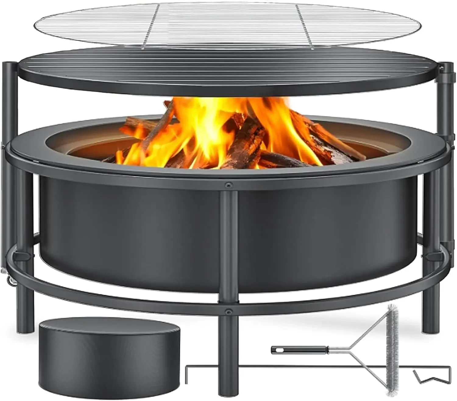 Fire Pits for Outside Wood Burning, Large Outdoor Fire Pit Stove with Roating Table and BBQ Grill, Cold Finished Steel Round