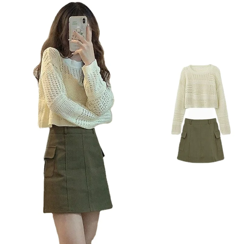 2023 early fall small design sense niche temperament knitted tops army green mini skirt hot girl two-piece suit female Y2K