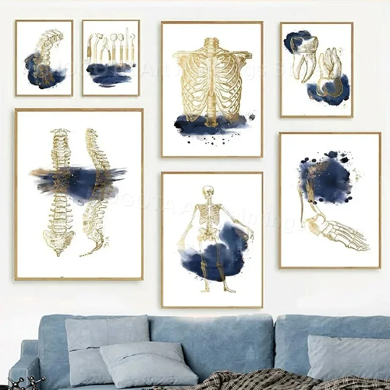 Navy Blue Medical Teeth Spine Skeleton Prints Wall Art Canvas Painting Anatomy Office Posters Pictures For Dentist Clinic Decor