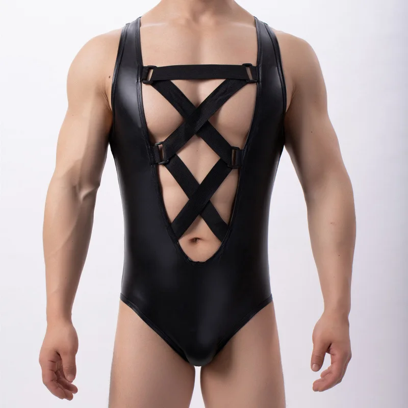 

Imitation leather vest, imitation leather mesh jumpsuit, waist cinching cross shaping tight fitting garment