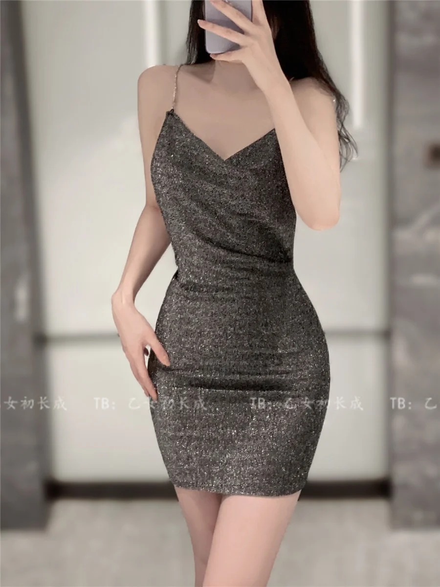 WOMENGAGA Sexy Beauty Slim Tank Mini Dress V-Neck Slim Hip Open Back Low Breast NightClub Hot Sweet Fashion Korean Women JT0F