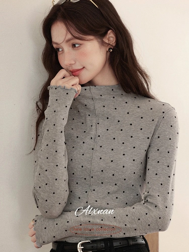 ALXNAN 빈티지 폴카 도트 티셔츠 그레이 모크 넥 러플 트림 긴팔 풀오버 레귤러 숄더 슬림핏 클래식 탑스 L58602