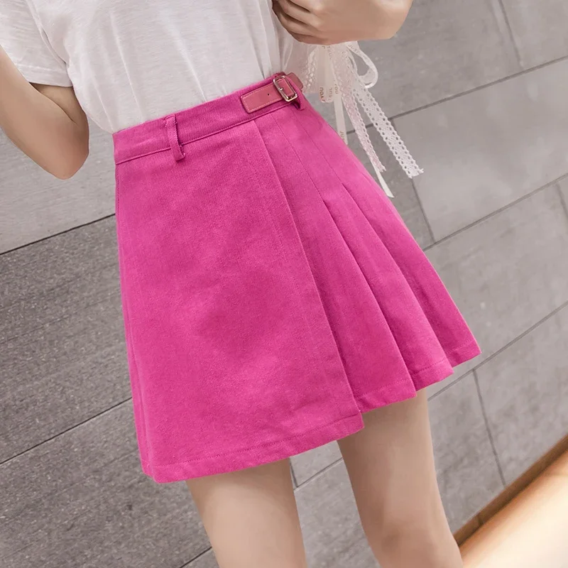 2024 New High Waist A-line Pleated Mini Short Skirt Women Chic Button Denim Skirts Female Korean All-match Casual Streetwear