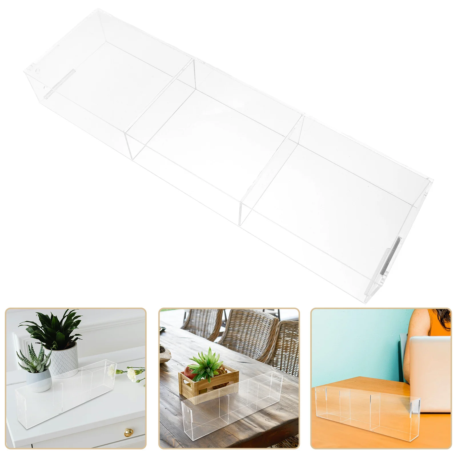 

Clear Acrylic Desktop Display Stand Multicompartment Greeting Card Holder Brochure Organizer 3 Section Layout Stylish Minimalist