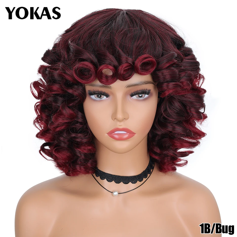Kurze Haare Afro Verworrene Lockige Perücken Synthetische Mit Pony Für Schwarze Frauen Flauschige Afrikanische Ombre Cosplay Natürliche Braune Perücken Afro YOKAS – Detail 17