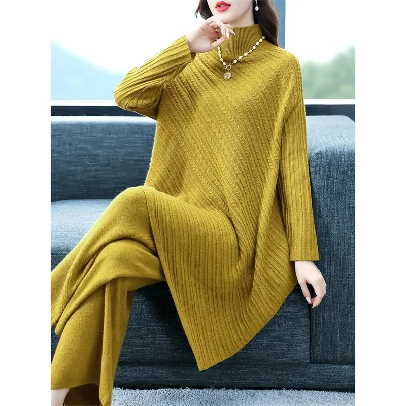 

Design Sense Knitting Sets Women's Autumn/Winter 2024 New High Quality Age-reducing Sweater Top+Wide-leg Pants Two-Piece Set