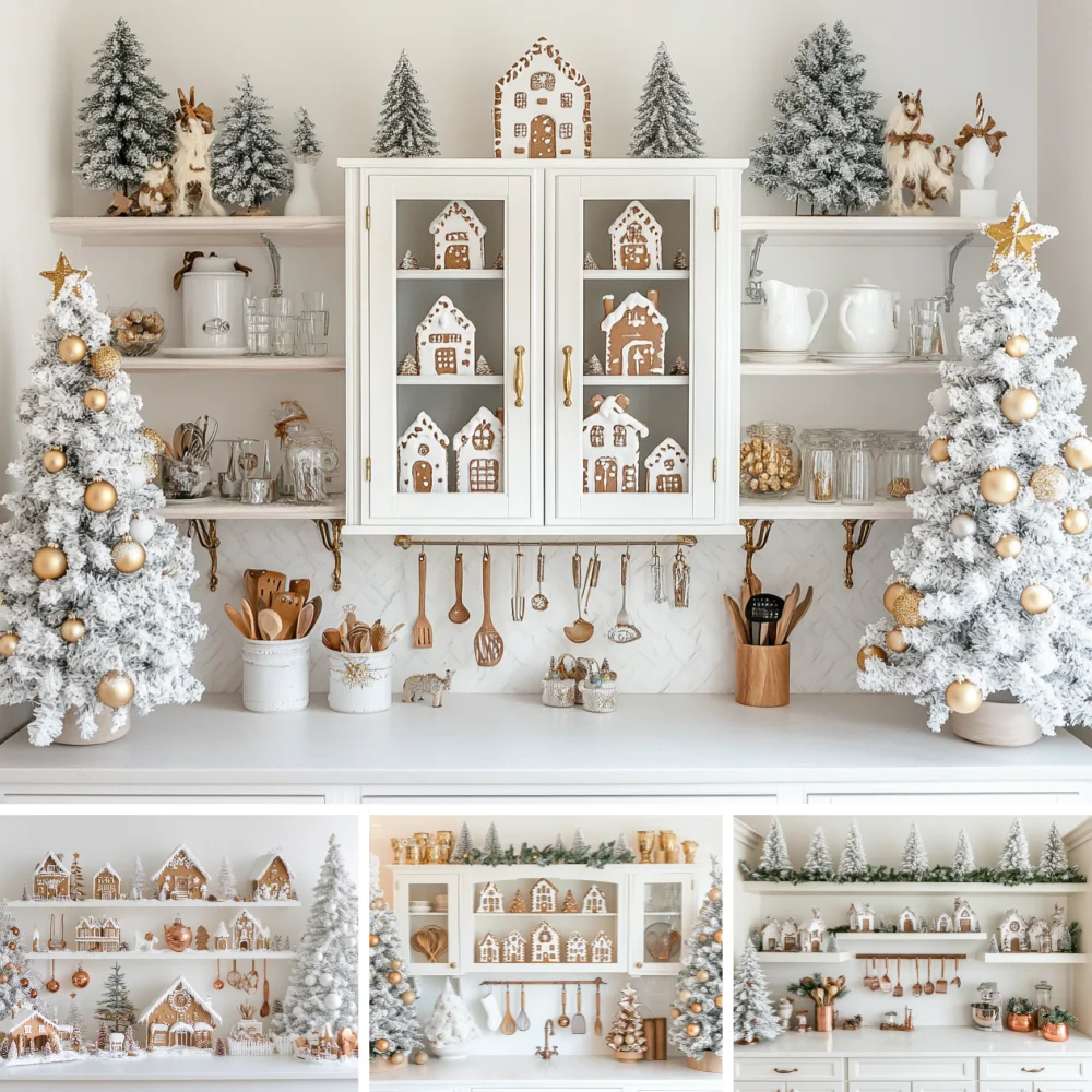 

White Farmhouse Kitchen Christmas Photo Background Gingerbread House Flocked Pine Tree Holiday Studio Shooting Booth Backdrop