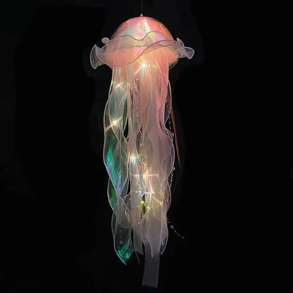 Jellyfish Sleeping Warm Light Button Battery Hanging Ceiling Lantern Realistic with Ribbon&Bead for Children Bedroom