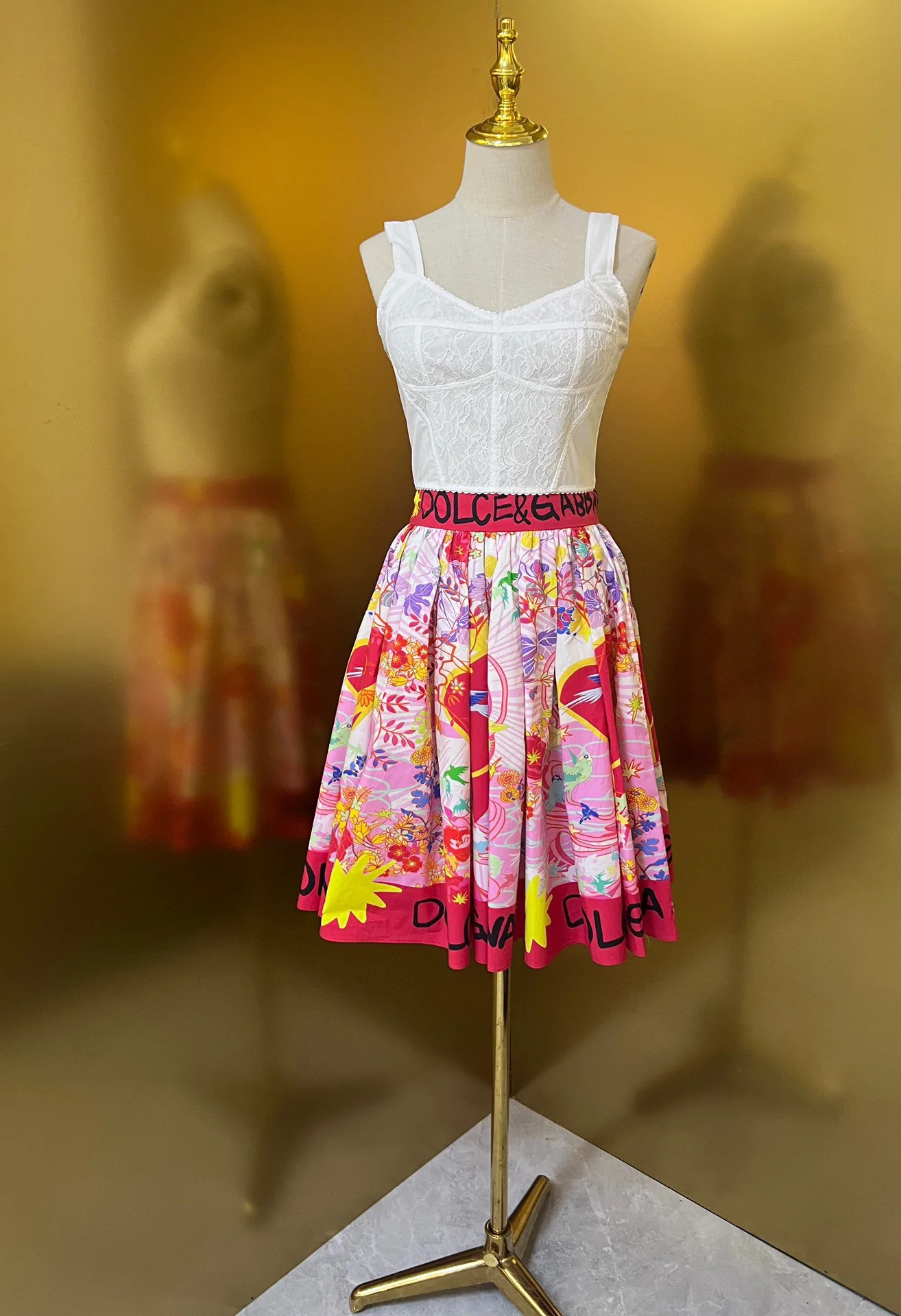 2025 New Arrival 100% Cotton Red Heart Magpie Bridge Print High-Waist Skirt Romantic and Elegant Midi Skirt